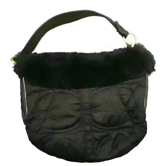 Coach Vintage Y2K Black Quilted Signature Rabbit Fur Trimmed Shoulder Bag - Picture 2 of 13